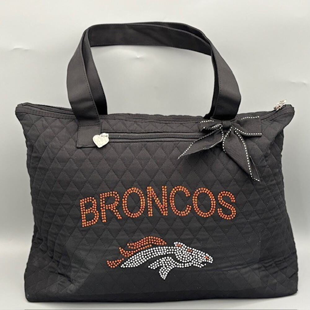 Denver Broncos Black Custom Rhinestone Logo Quilted Tote Bag Purse